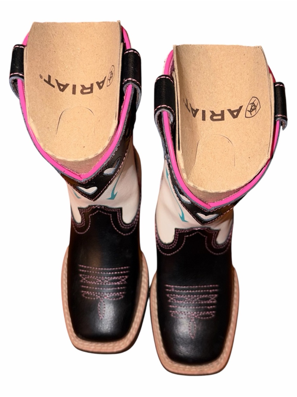 Ariat Girls' Black, Cream & Pink Heart Western Boots with Turquoise Accents - Picture 2 of 12
